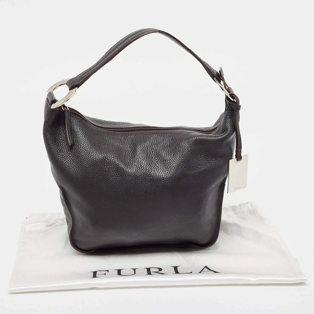 Furla Dark Brown Grained Leather Ring Handle Hobo